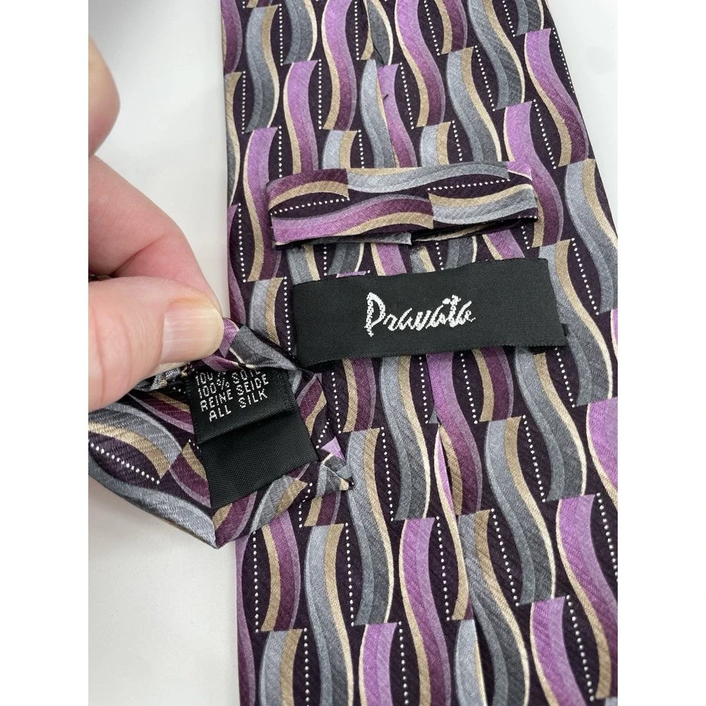 Pravata Mens Silk Neck Tie Purple Gray Geometric Shape 3.5